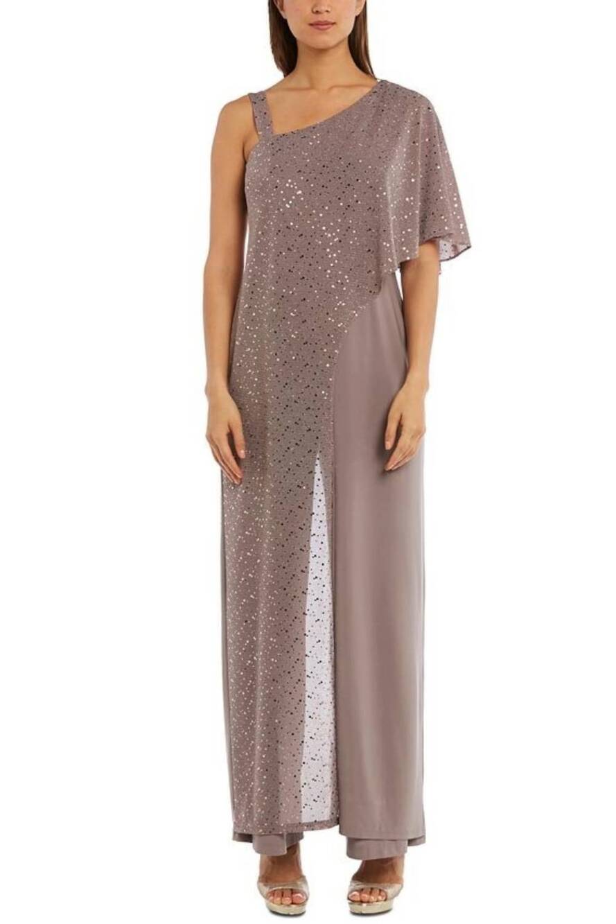 NEW R&M RICHARDS metallic overlay evening jumpsuit in mocha